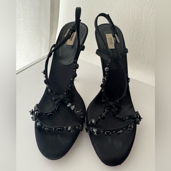 Prada Black Beaded Bow Silk Sandals - Size 38.5 - Picture 1 of 14